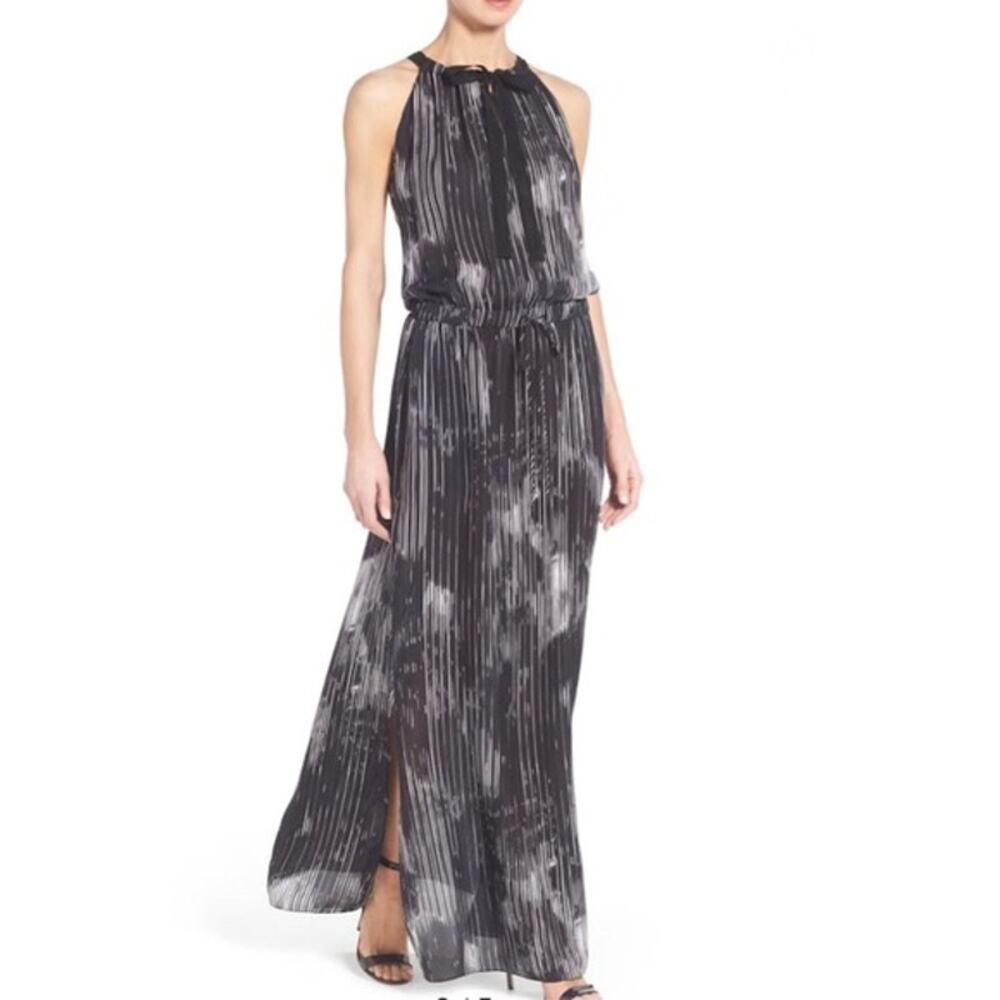 Elie Tahari York Silk Tie Neck Blouson Maxi Dress Black M